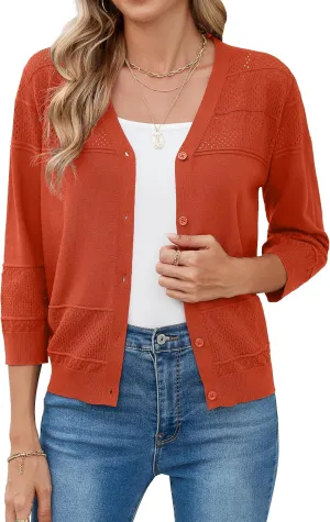 Iandroiy Women's Cropped Cardigan Lightweight Crochet Shrug 3/4 Sleeve Hollowed-Out Knit Sweater Tops