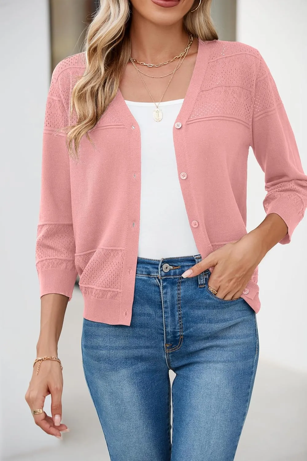 Iandroiy Women's Cropped Cardigan Lightweight Crochet Shrug 3/4 Sleeve Hollowed-Out Knit Sweater Tops