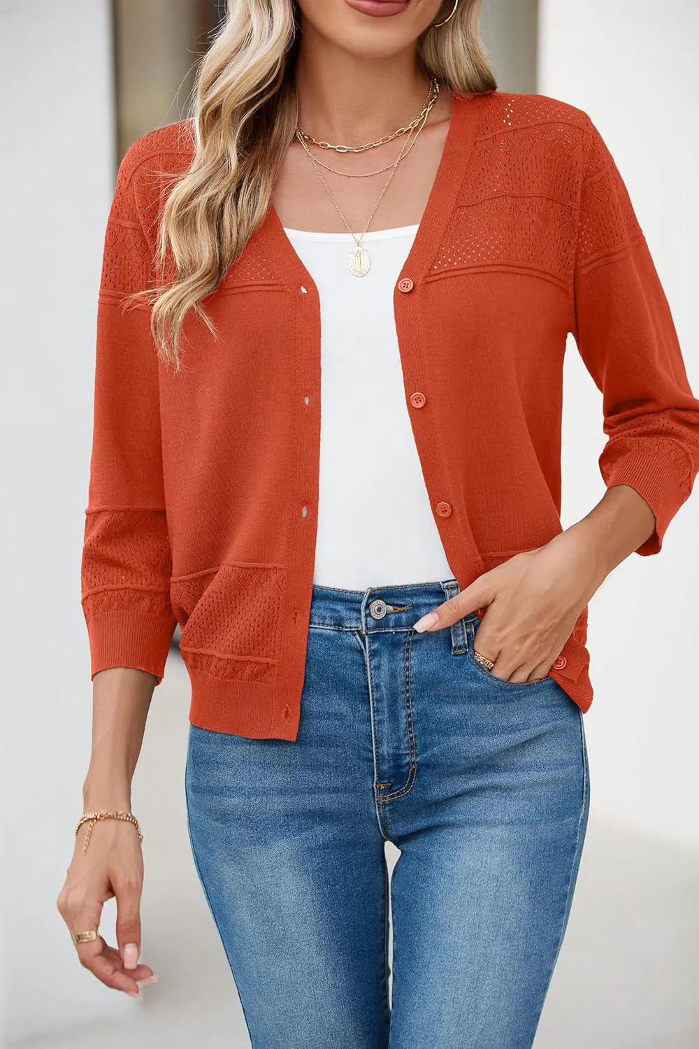 Iandroiy Women's Cropped Cardigan Lightweight Crochet Shrug 3/4 Sleeve Hollowed-Out Knit Sweater Tops
