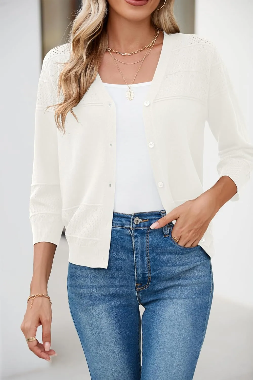 Iandroiy Women's Cropped Cardigan Lightweight Crochet Shrug 3/4 Sleeve Hollowed-Out Knit Sweater Tops