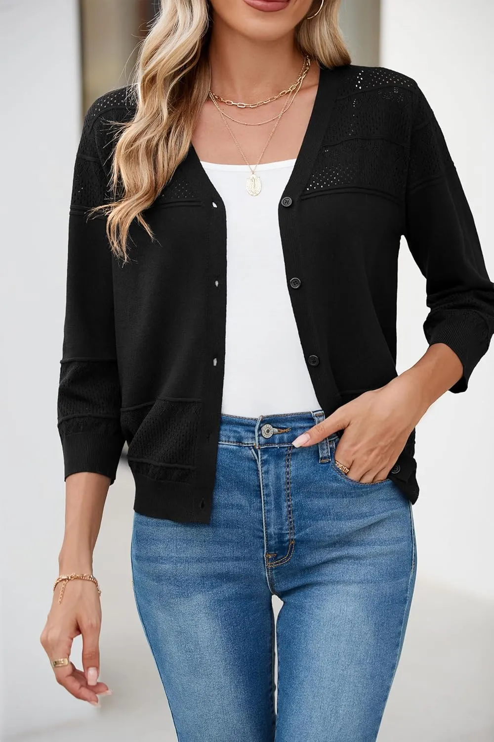 Iandroiy Women's Cropped Cardigan Lightweight Crochet Shrug 3/4 Sleeve Hollowed-Out Knit Sweater Tops