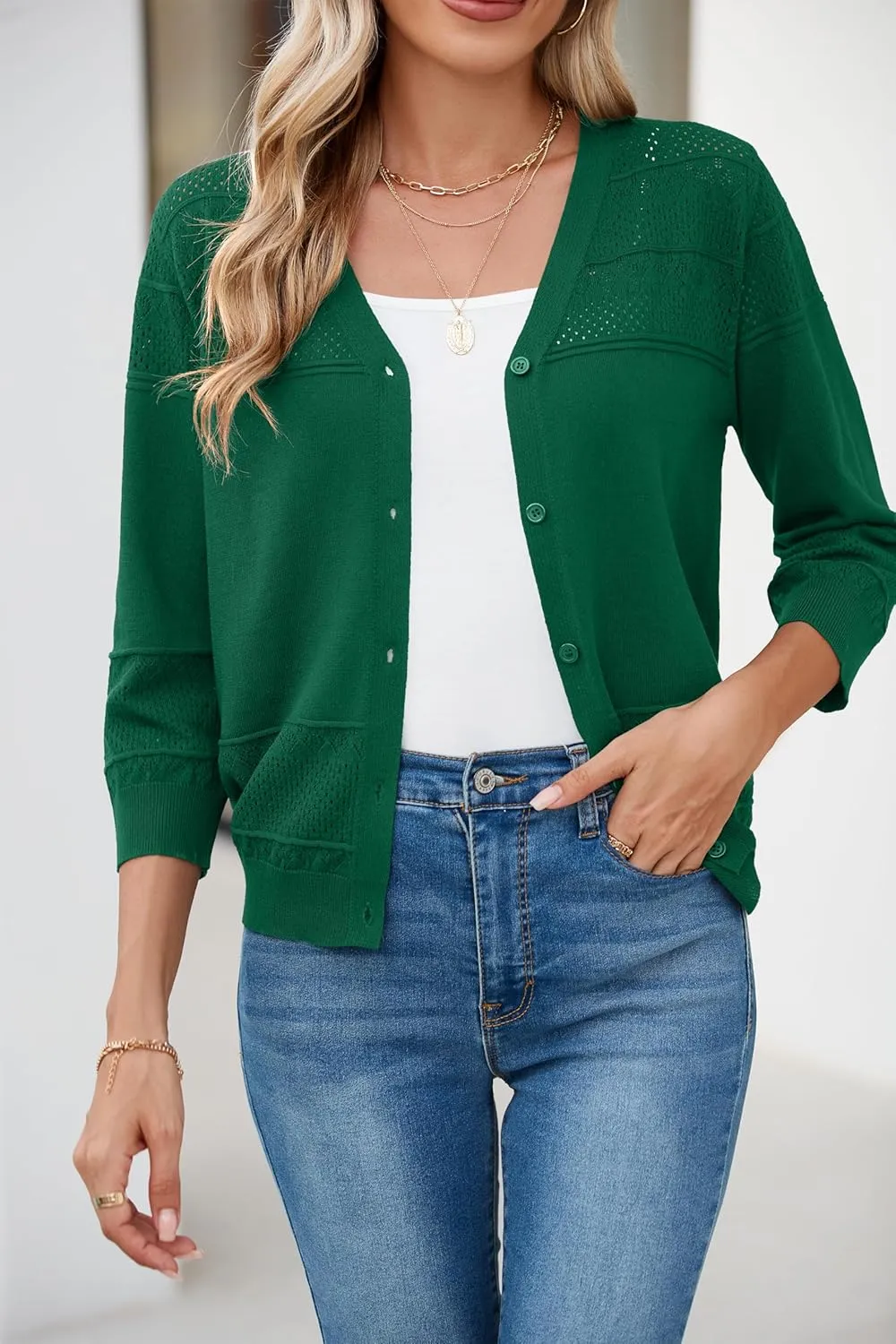 Iandroiy Women's Cropped Cardigan Lightweight Crochet Shrug 3/4 Sleeve Hollowed-Out Knit Sweater Tops