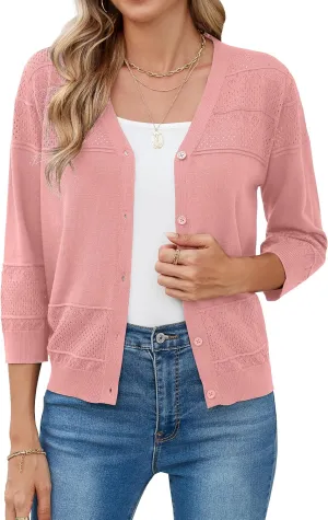 Iandroiy Women's Cropped Cardigan Lightweight Crochet Shrug 3/4 Sleeve Hollowed-Out Knit Sweater Tops