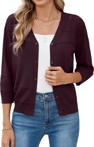 Iandroiy Women's Cropped Cardigan Lightweight Crochet Shrug 3/4 Sleeve Hollowed-Out Knit Sweater Tops