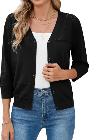 Iandroiy Women's Cropped Cardigan Lightweight Crochet Shrug 3/4 Sleeve Hollowed-Out Knit Sweater Tops