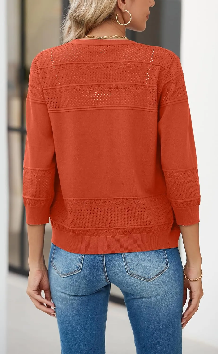 Iandroiy Women's Cropped Cardigan Lightweight Crochet Shrug 3/4 Sleeve Hollowed-Out Knit Sweater Tops