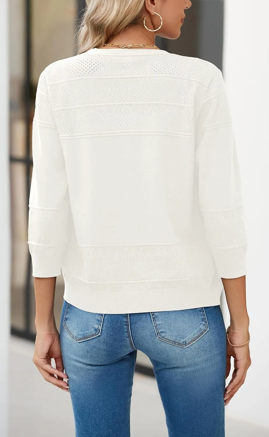 Iandroiy Women's Cropped Cardigan Lightweight Crochet Shrug 3/4 Sleeve Hollowed-Out Knit Sweater Tops