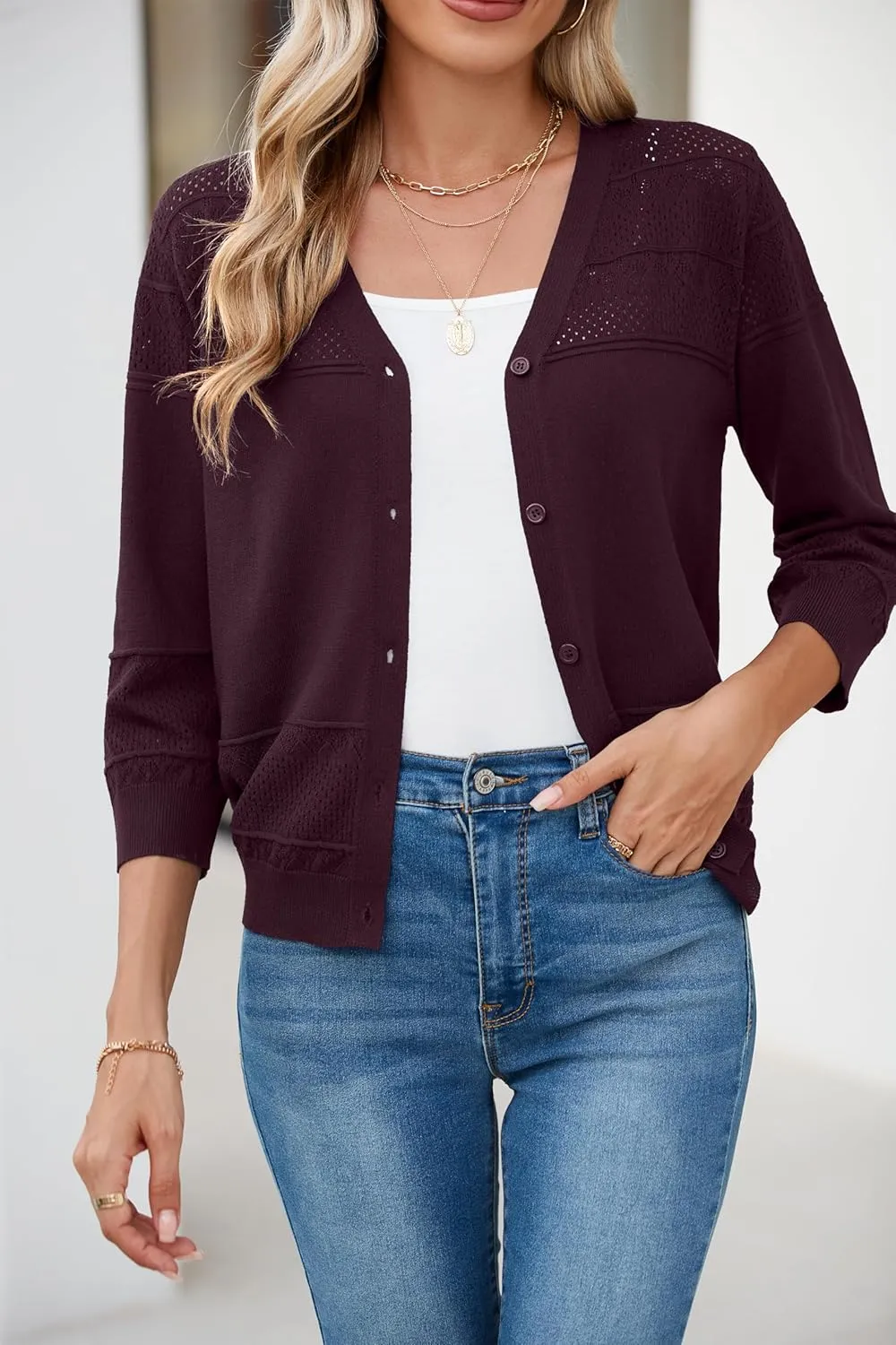 Iandroiy Women's Cropped Cardigan Lightweight Crochet Shrug 3/4 Sleeve Hollowed-Out Knit Sweater Tops