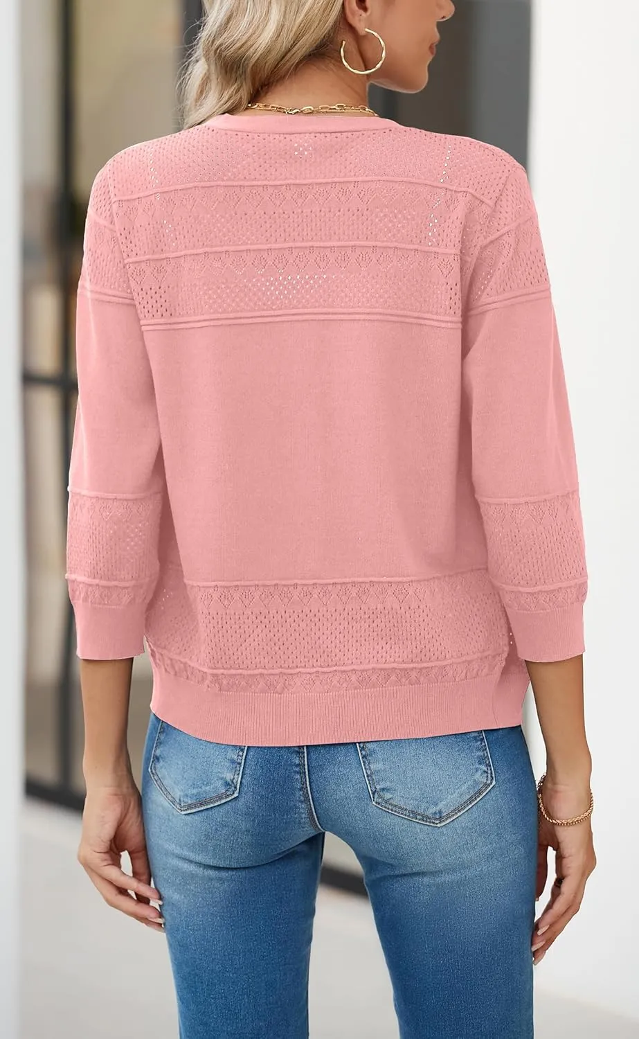 Iandroiy Women's Cropped Cardigan Lightweight Crochet Shrug 3/4 Sleeve Hollowed-Out Knit Sweater Tops