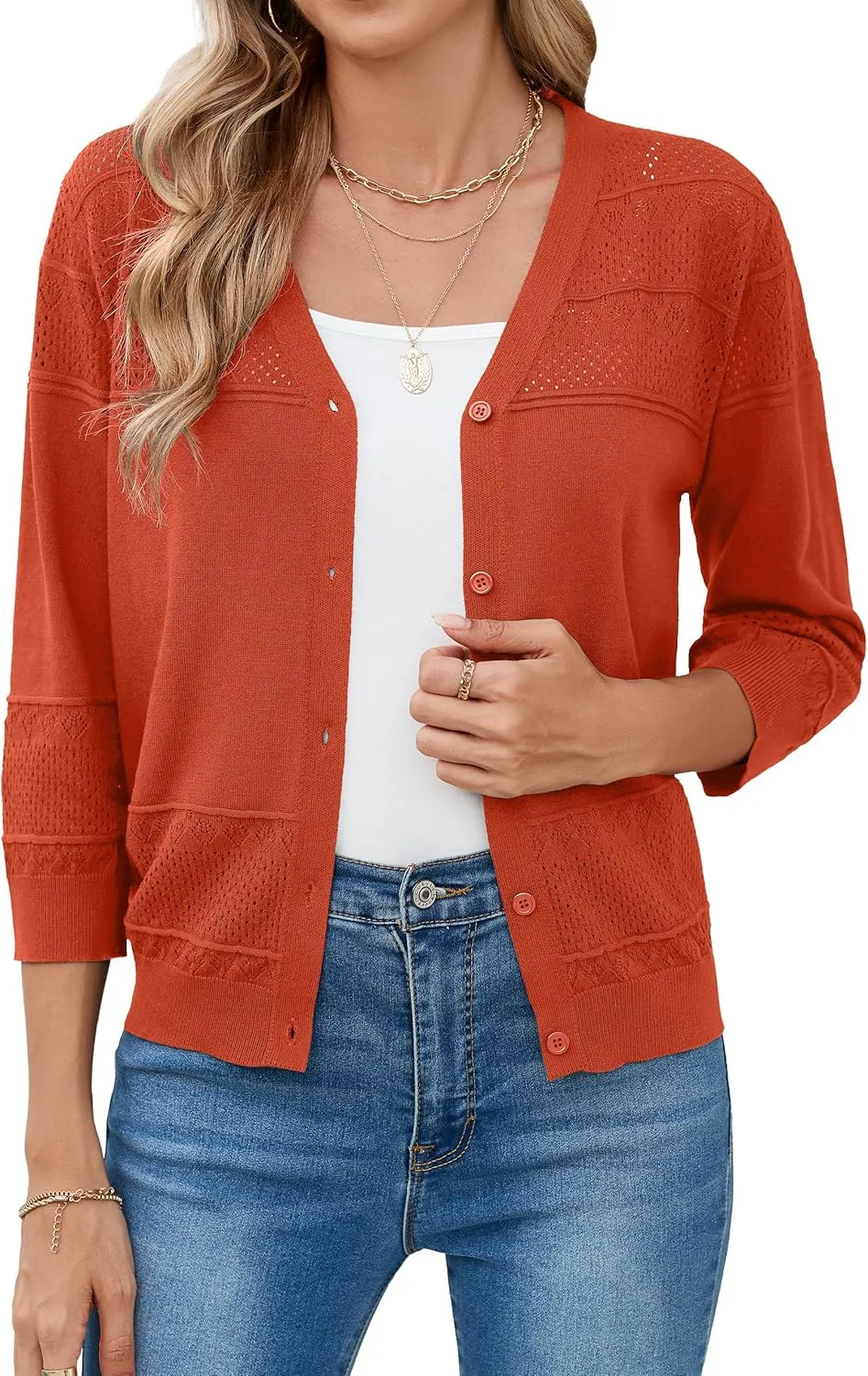 Iandroiy Women's Cropped Cardigan Lightweight Crochet Shrug 3/4 Sleeve Hollowed-Out Knit Sweater Tops