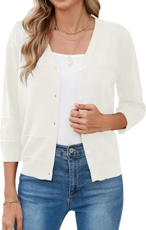 Iandroiy Women's Cropped Cardigan Lightweight Crochet Shrug 3/4 Sleeve Hollowed-Out Knit Sweater Tops