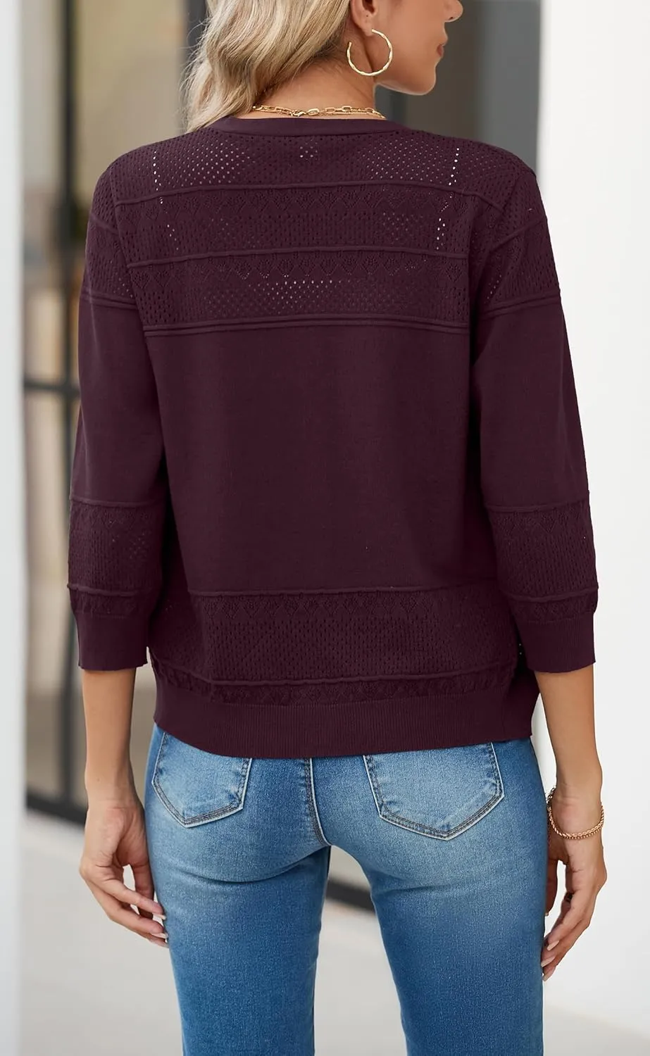 Iandroiy Women's Cropped Cardigan Lightweight Crochet Shrug 3/4 Sleeve Hollowed-Out Knit Sweater Tops