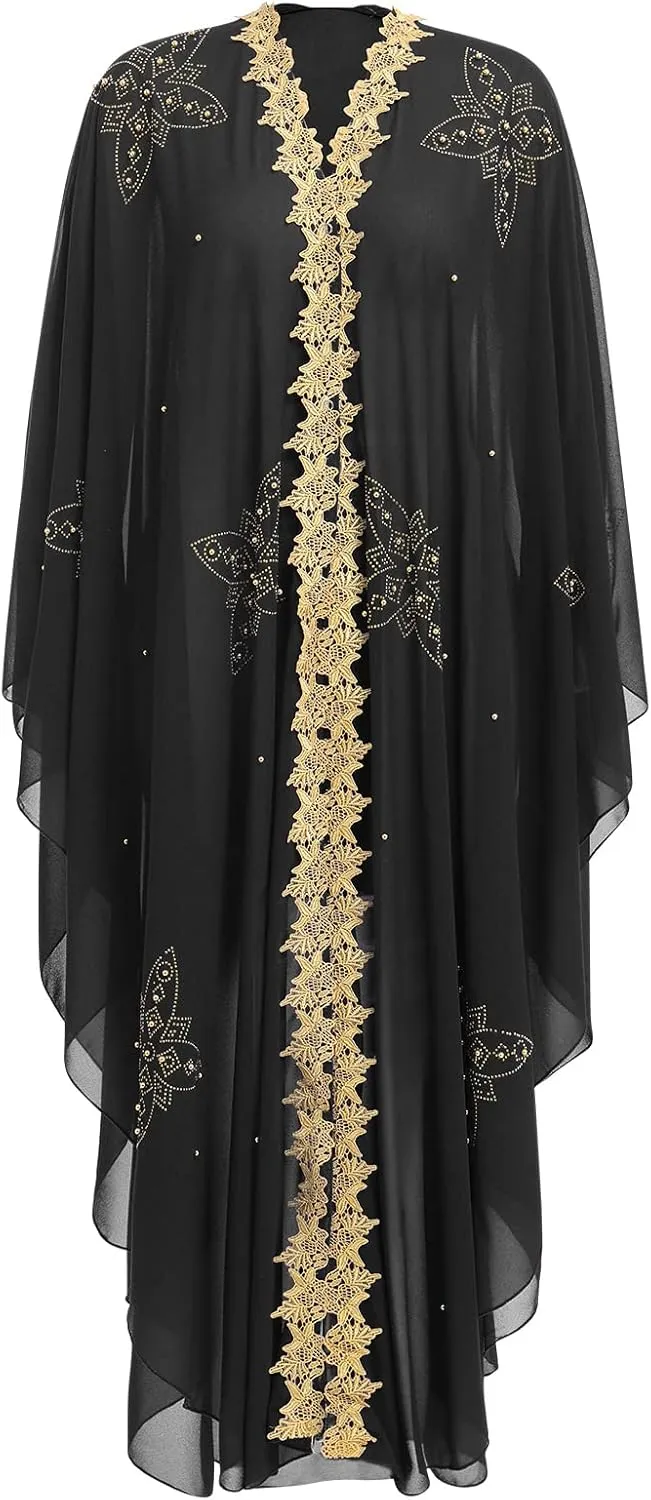 IBTOM CASTLE Abaya for Women Muslim, Beaded Embroidered Maxi Kaftan Dress Cardigan Caftan Dubai Arabic Kimono Robe