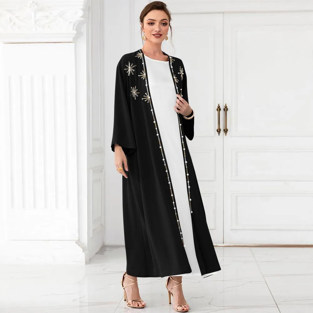 IDOPIP Muslim Abayas for Women Long Sleeve Open Front Cardigan Rhinestone Applique Islamic Dubai Maxi Kaftan Dress with Belt
