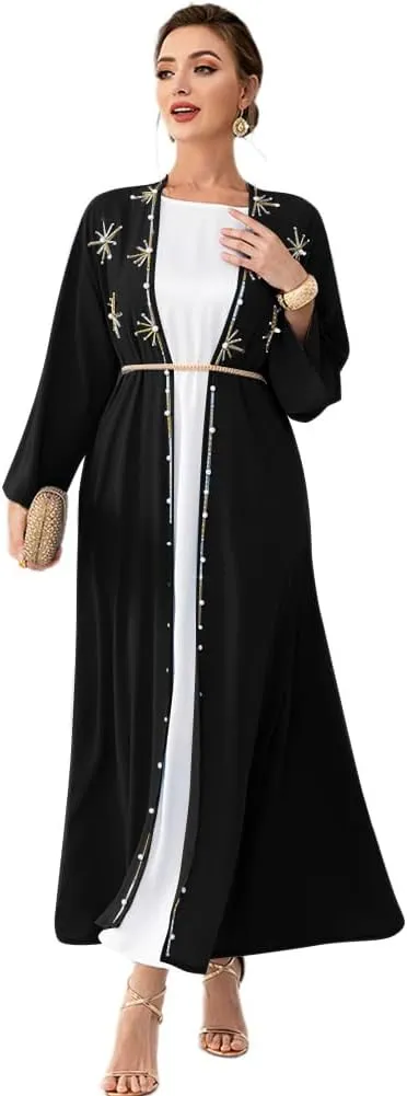 IDOPIP Muslim Abayas for Women Long Sleeve Open Front Cardigan Rhinestone Applique Islamic Dubai Maxi Kaftan Dress with Belt