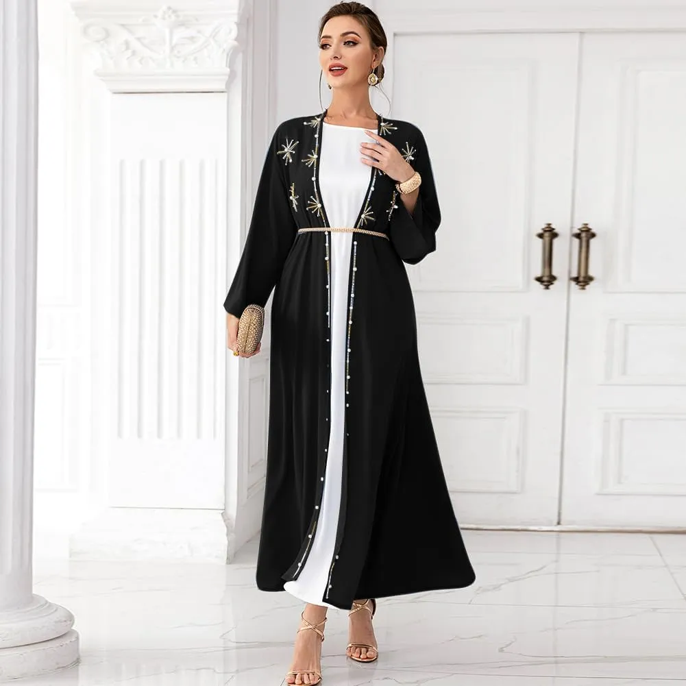 IDOPIP Muslim Abayas for Women Long Sleeve Open Front Cardigan Rhinestone Applique Islamic Dubai Maxi Kaftan Dress with Belt