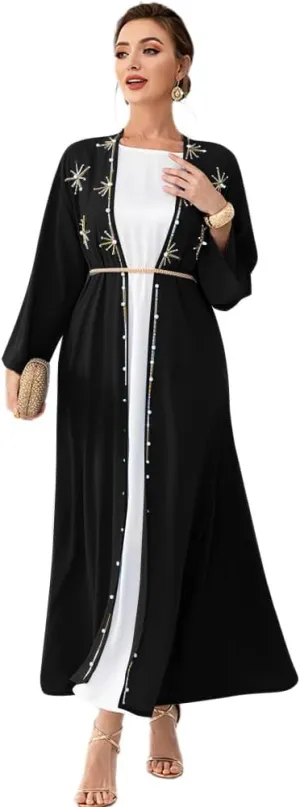 IDOPIP Muslim Abayas for Women Long Sleeve Open Front Cardigan Rhinestone Applique Islamic Dubai Maxi Kaftan Dress with Belt