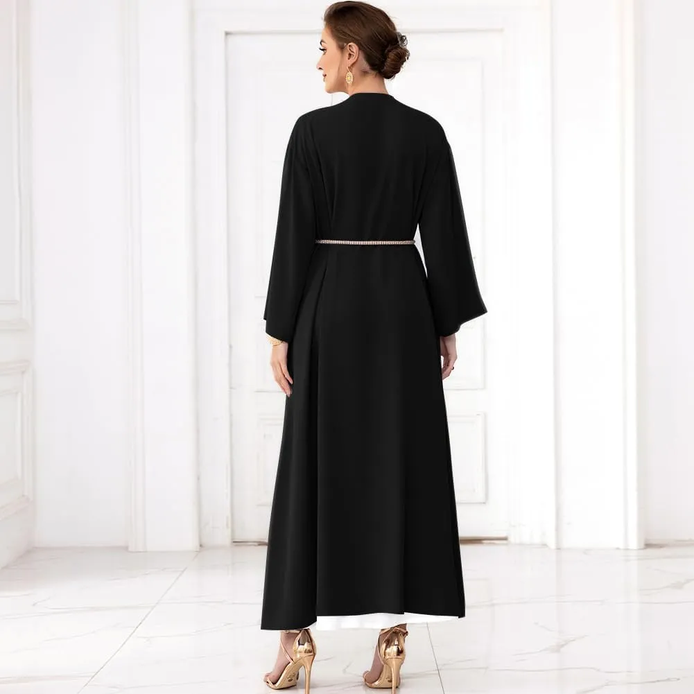IDOPIP Muslim Abayas for Women Long Sleeve Open Front Cardigan Rhinestone Applique Islamic Dubai Maxi Kaftan Dress with Belt