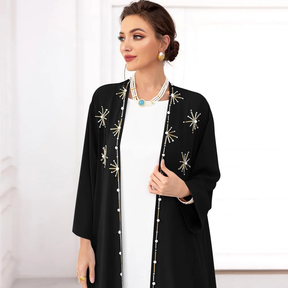 IDOPIP Muslim Abayas for Women Long Sleeve Open Front Cardigan Rhinestone Applique Islamic Dubai Maxi Kaftan Dress with Belt