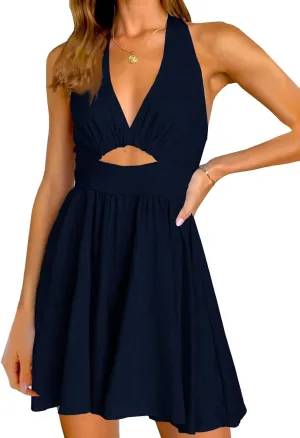 Inorin Womens Summer Sleeveless Halter V Neck Backless Cut Out Sexy Casual Party Swing Flared Mini Dress