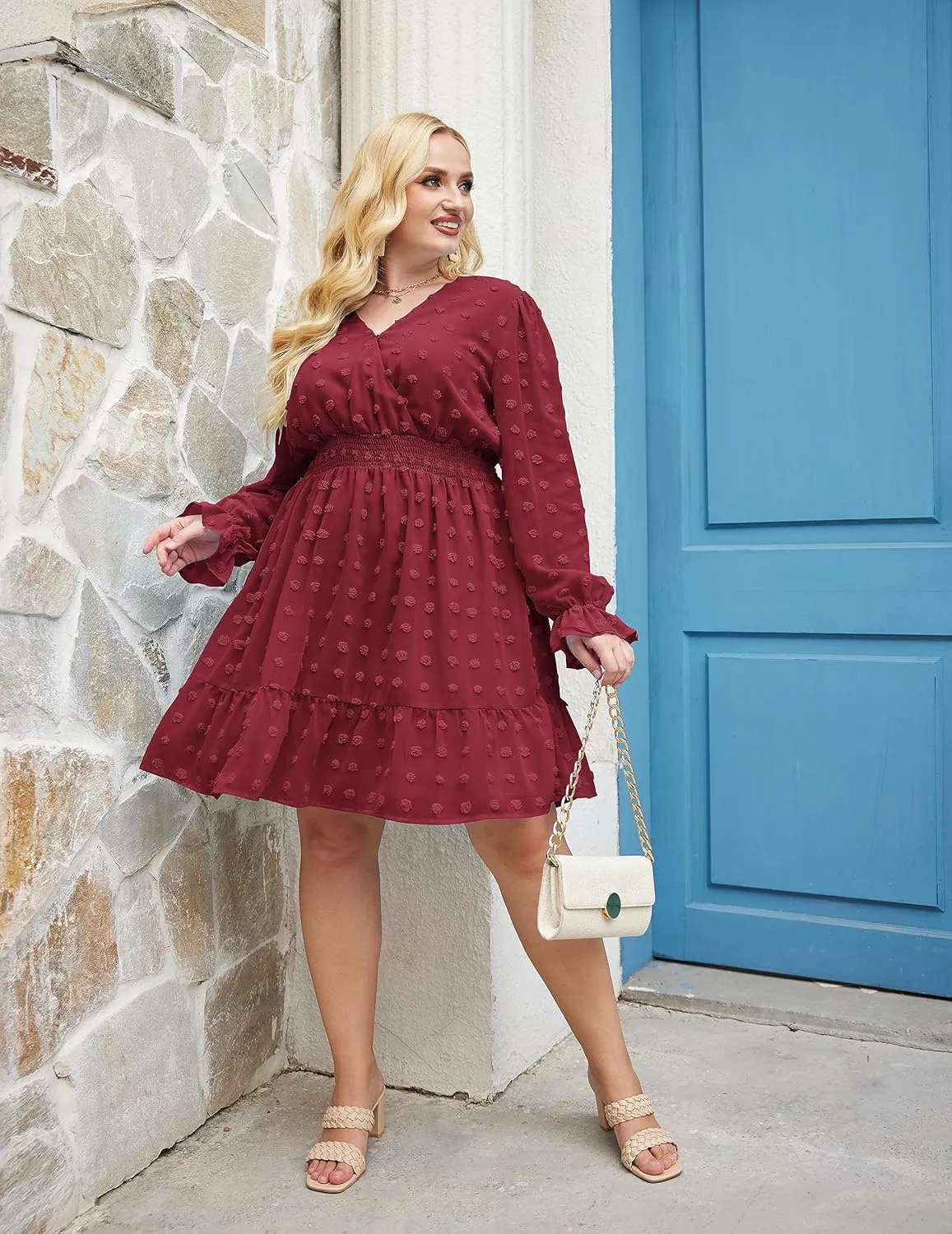 IN'VOLAND Women's Plus Size Swiss Dot Dress Long Sleeve V Neck Chiffon Smocked Short Dress Flowy Ruffle Babydoll Midi Dresses