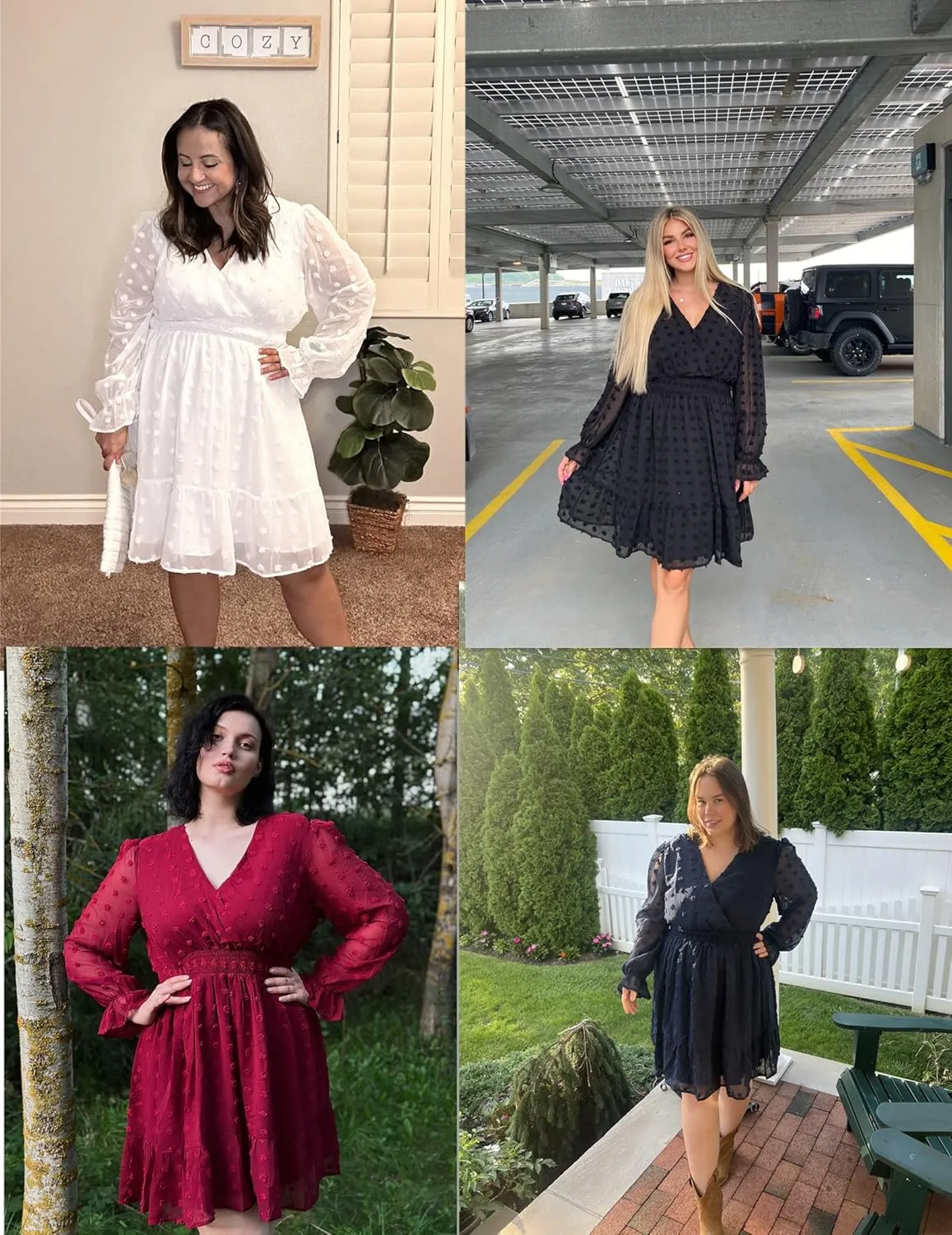 IN'VOLAND Women's Plus Size Swiss Dot Dress Long Sleeve V Neck Chiffon Smocked Short Dress Flowy Ruffle Babydoll Midi Dresses