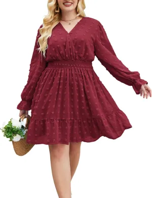 IN'VOLAND Women's Plus Size Swiss Dot Dress Long Sleeve V Neck Chiffon Smocked Short Dress Flowy Ruffle Babydoll Midi Dresses