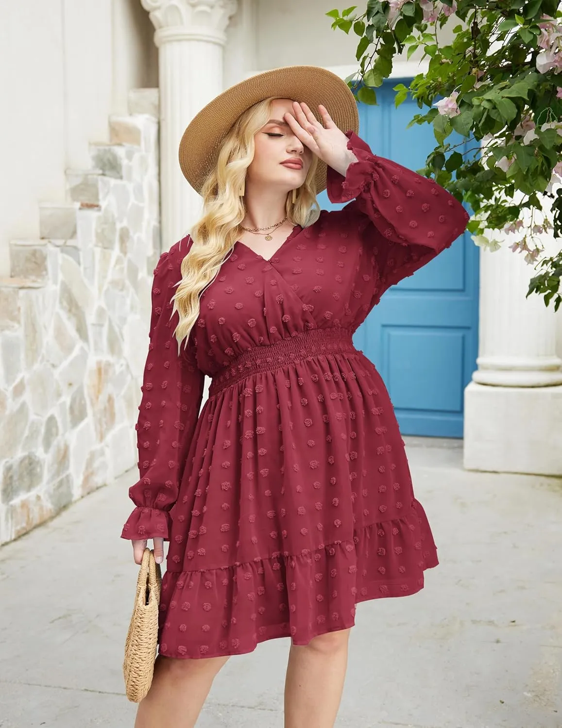 IN'VOLAND Women's Plus Size Swiss Dot Dress Long Sleeve V Neck Chiffon Smocked Short Dress Flowy Ruffle Babydoll Midi Dresses