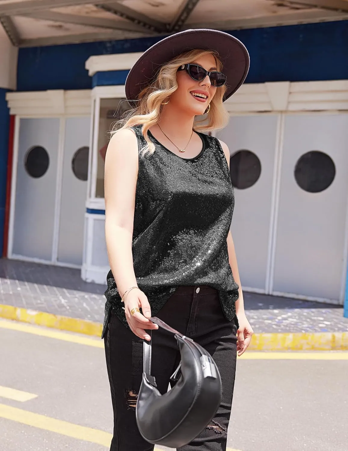 IN'VOLAND Women's Sequin Tops Plus Size Glitter Tank Top Sleeveless Sparkle Shimmer Shirt Tops