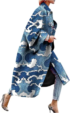 iQKA Women's Long Trench Jacket Winter Warm Coat Plus Size Vintage Floral Printed Pocket Outerwear Cardigan Overcoat S-5XL