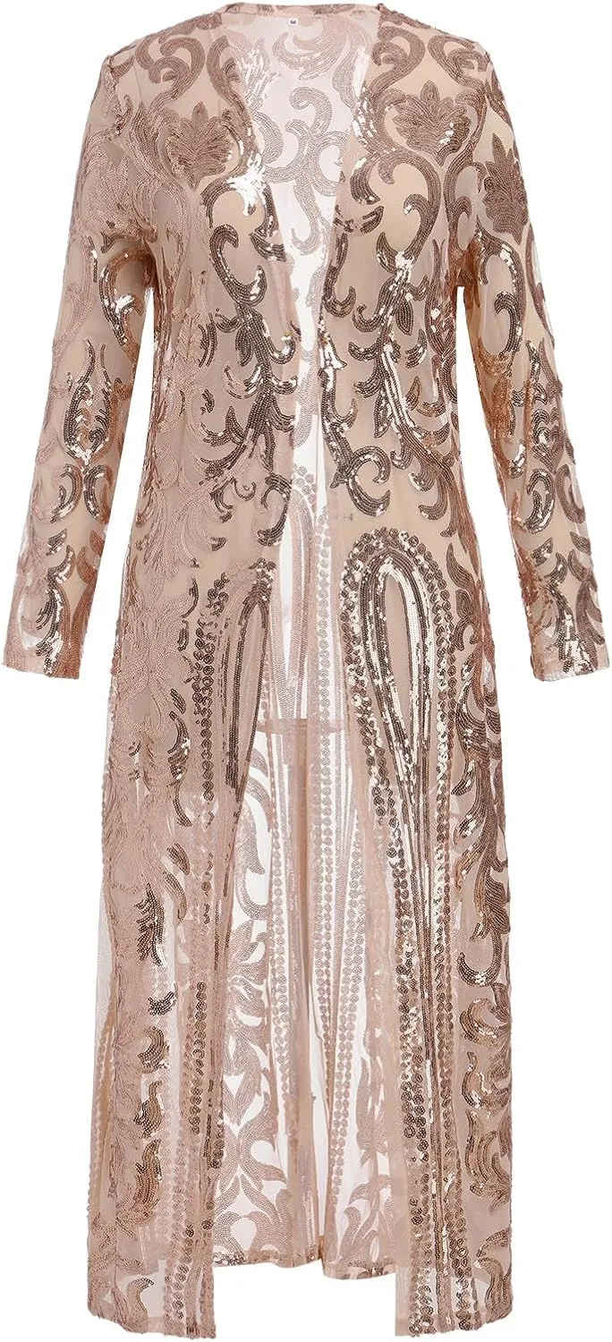 IWEMEK Sparkly Cardigan for Women 1920s Sequin Cardigans Long Sequin Duster Blazer 20s Glitter Open Front Coat Cover Up Dress
