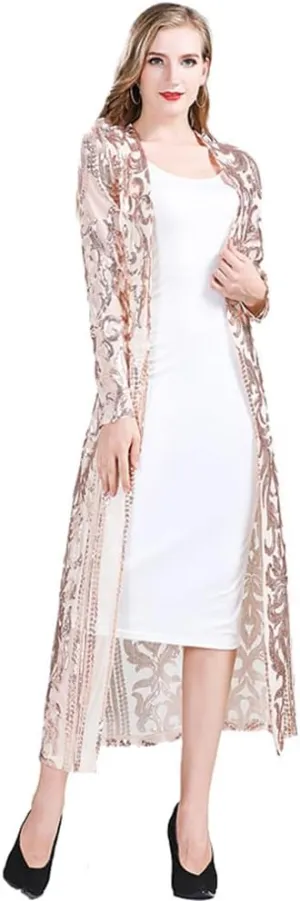 IWEMEK Sparkly Cardigan for Women 1920s Sequin Cardigans Long Sequin Duster Blazer 20s Glitter Open Front Coat Cover Up Dress