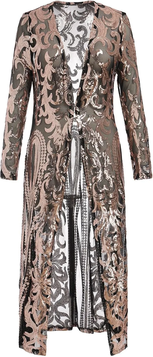 IWEMEK Sparkly Cardigan for Women 1920s Sequin Cardigans Long Sequin Duster Blazer 20s Glitter Open Front Coat Cover Up Dress