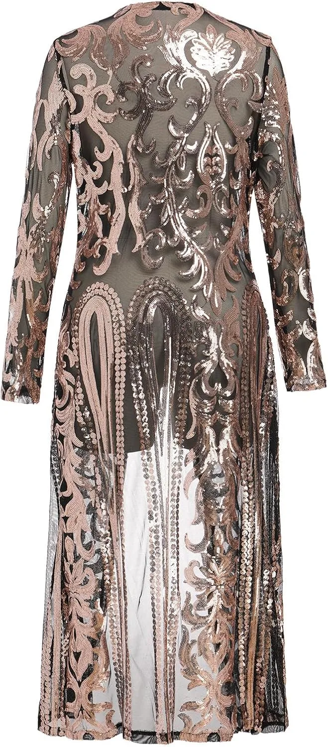 IWEMEK Sparkly Cardigan for Women 1920s Sequin Cardigans Long Sequin Duster Blazer 20s Glitter Open Front Coat Cover Up Dress