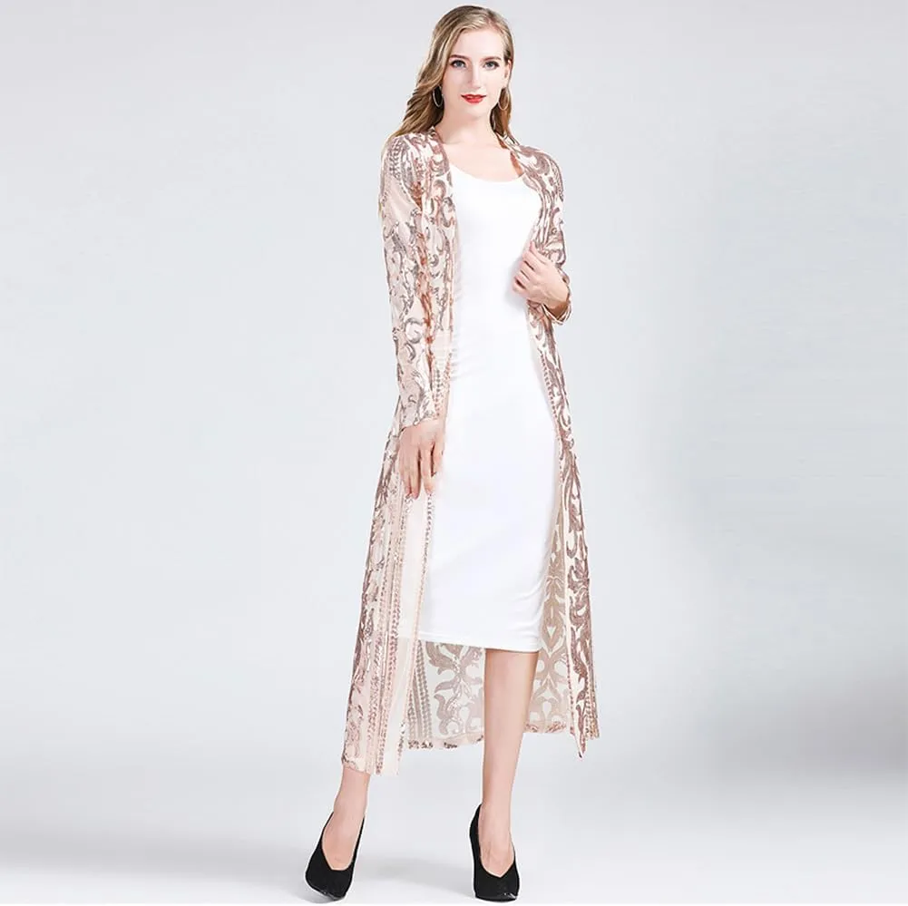 IWEMEK Sparkly Cardigan for Women 1920s Sequin Cardigans Long Sequin Duster Blazer 20s Glitter Open Front Coat Cover Up Dress