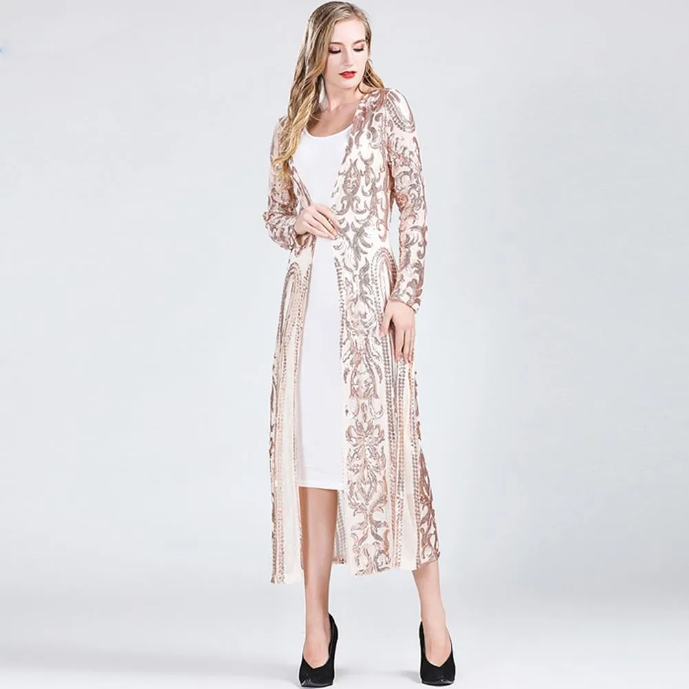 IWEMEK Sparkly Cardigan for Women 1920s Sequin Cardigans Long Sequin Duster Blazer 20s Glitter Open Front Coat Cover Up Dress