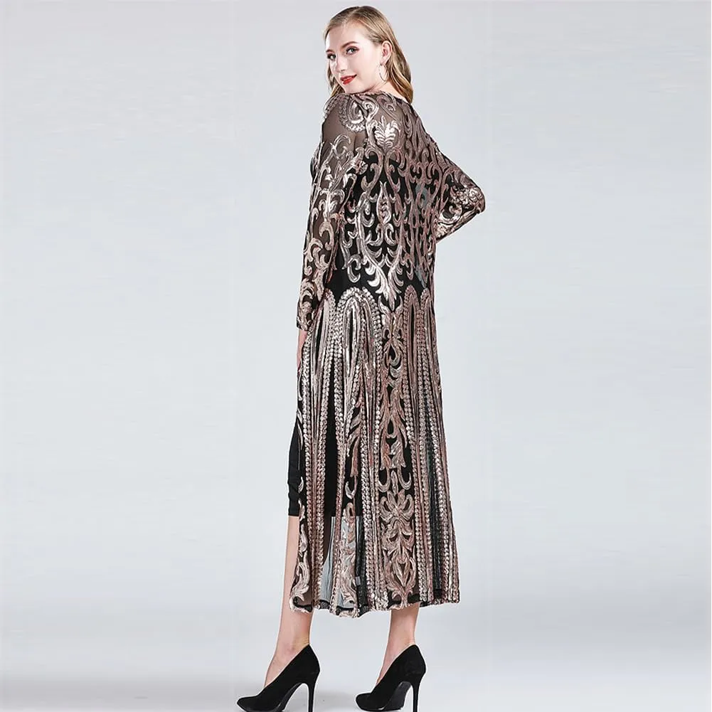 IWEMEK Sparkly Cardigan for Women 1920s Sequin Cardigans Long Sequin Duster Blazer 20s Glitter Open Front Coat Cover Up Dress