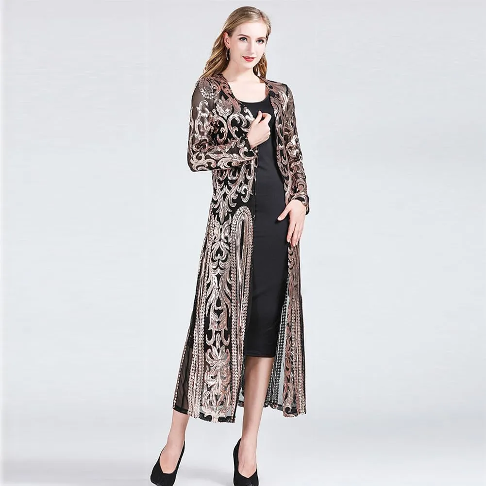 IWEMEK Sparkly Cardigan for Women 1920s Sequin Cardigans Long Sequin Duster Blazer 20s Glitter Open Front Coat Cover Up Dress