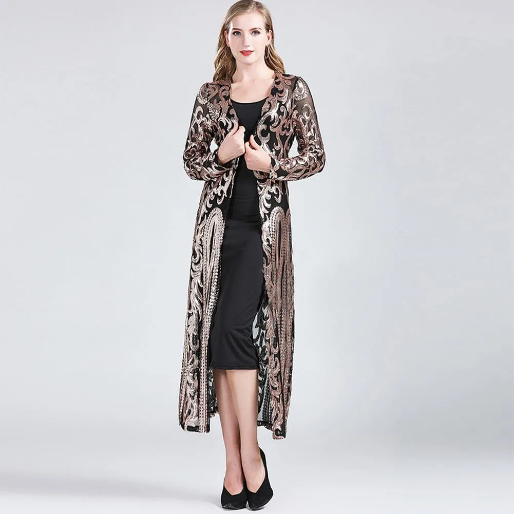 IWEMEK Sparkly Cardigan for Women 1920s Sequin Cardigans Long Sequin Duster Blazer 20s Glitter Open Front Coat Cover Up Dress