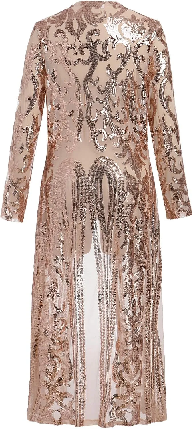 IWEMEK Sparkly Cardigan for Women 1920s Sequin Cardigans Long Sequin Duster Blazer 20s Glitter Open Front Coat Cover Up Dress