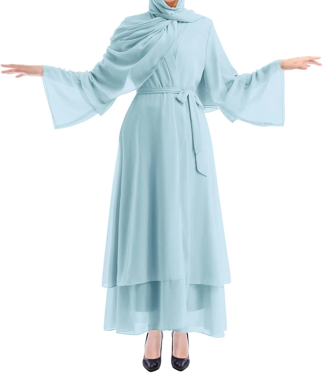 IWEMEK Women Chiffon Muslim Dress Middle East Arabian Robe Islamic Open Front Abaya Long Sleeve Flowy Maxi Cardigan Dress