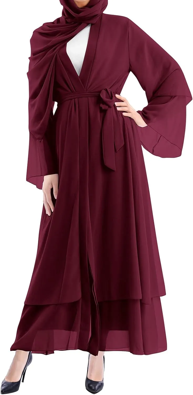 IWEMEK Women Chiffon Muslim Dress Middle East Arabian Robe Islamic Open Front Abaya Long Sleeve Flowy Maxi Cardigan Dress