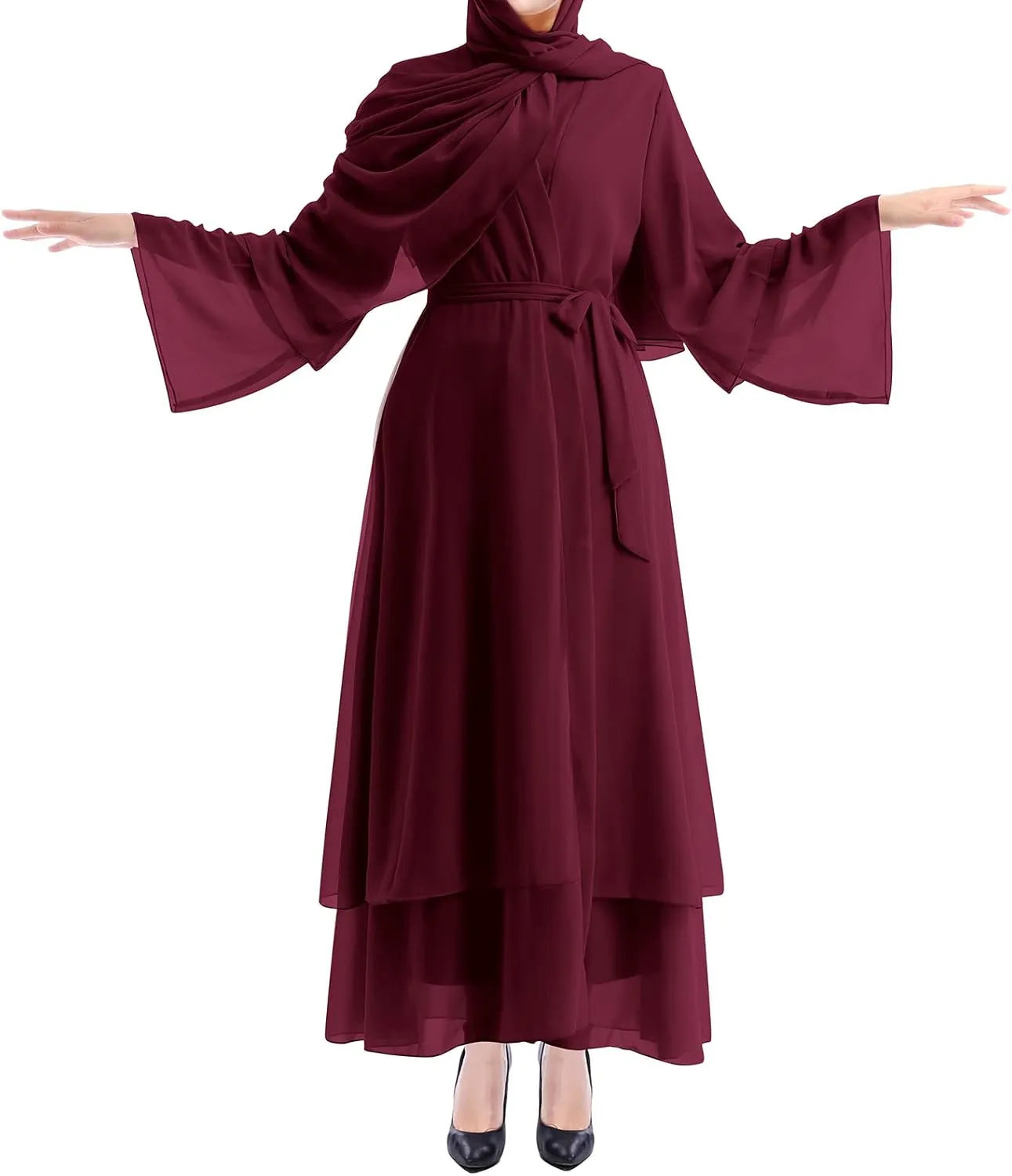 IWEMEK Women Chiffon Muslim Dress Middle East Arabian Robe Islamic Open Front Abaya Long Sleeve Flowy Maxi Cardigan Dress