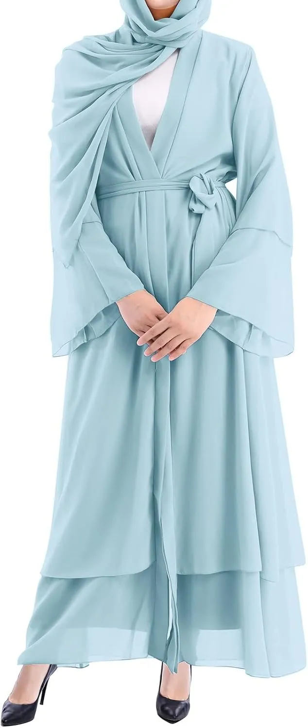 IWEMEK Women Chiffon Muslim Dress Middle East Arabian Robe Islamic Open Front Abaya Long Sleeve Flowy Maxi Cardigan Dress