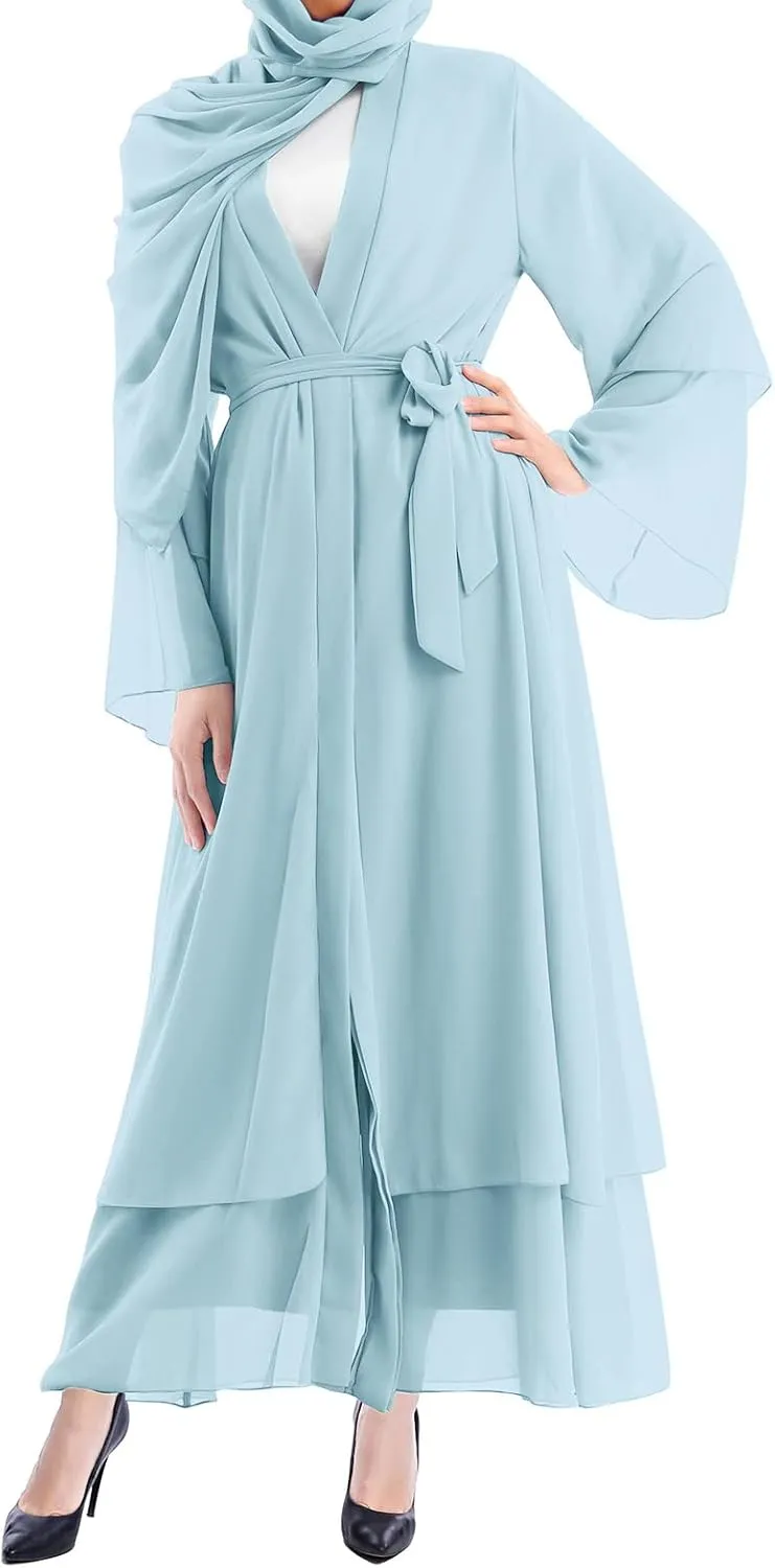 IWEMEK Women Chiffon Muslim Dress Middle East Arabian Robe Islamic Open Front Abaya Long Sleeve Flowy Maxi Cardigan Dress