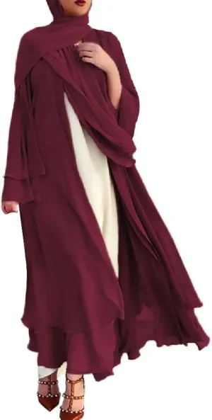 IWEMEK Women Chiffon Muslim Dress Middle East Arabian Robe Islamic Open Front Abaya Long Sleeve Flowy Maxi Cardigan Dress