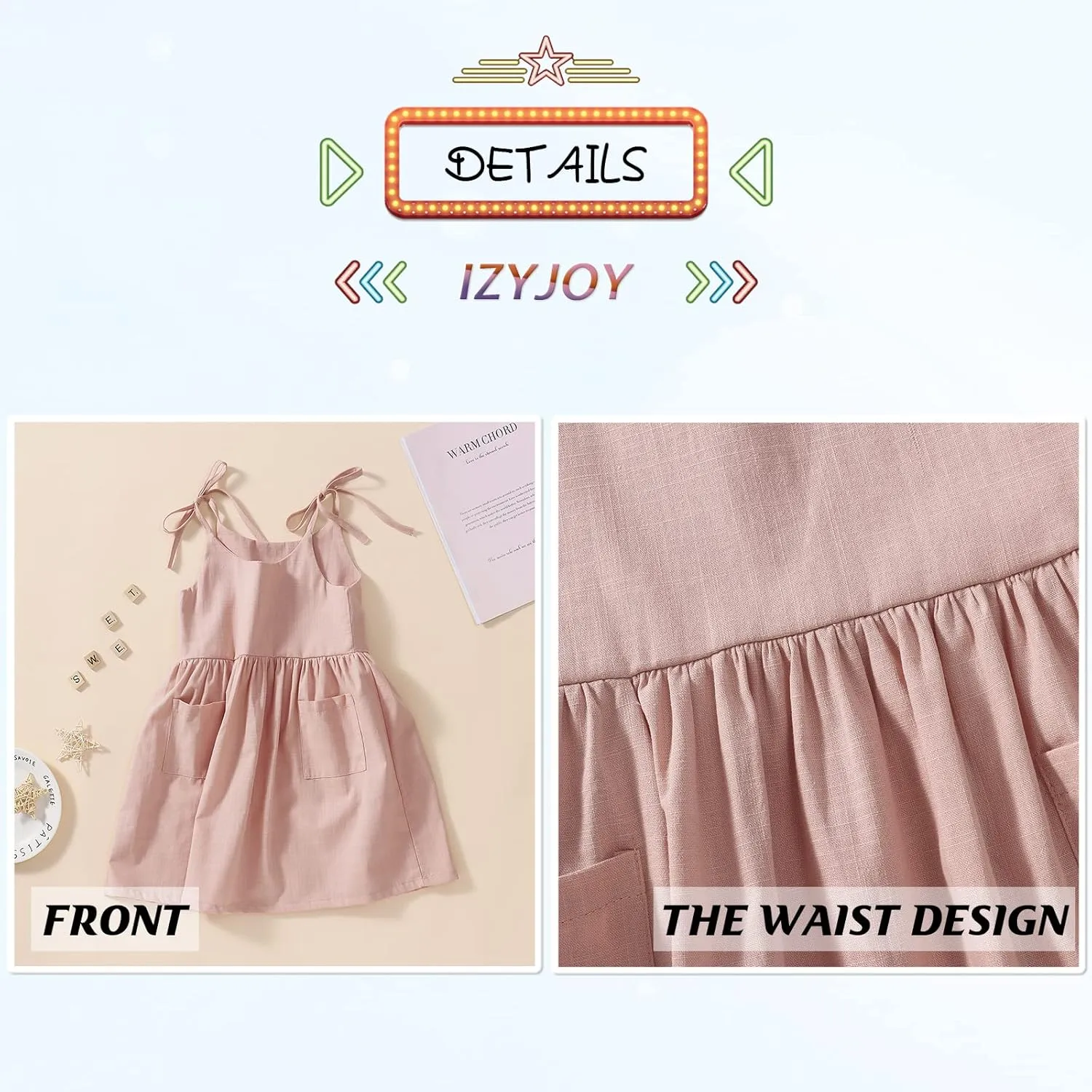 IZYJOY Toddler Baby Girl Summer Cotton Linen White Dresses Bow Straps Sleeveless with Pockets Little Girls Beach Sundress
