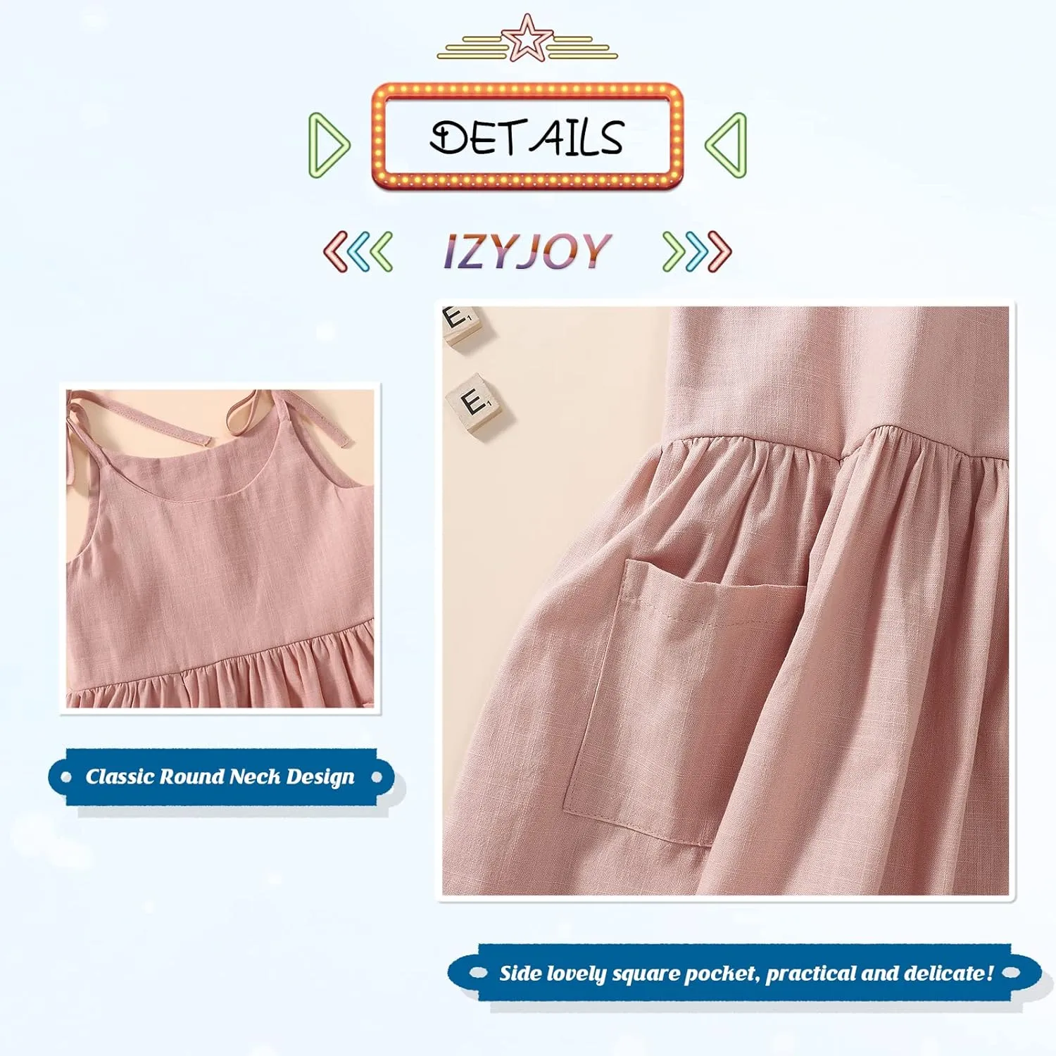 IZYJOY Toddler Baby Girl Summer Cotton Linen White Dresses Bow Straps Sleeveless with Pockets Little Girls Beach Sundress