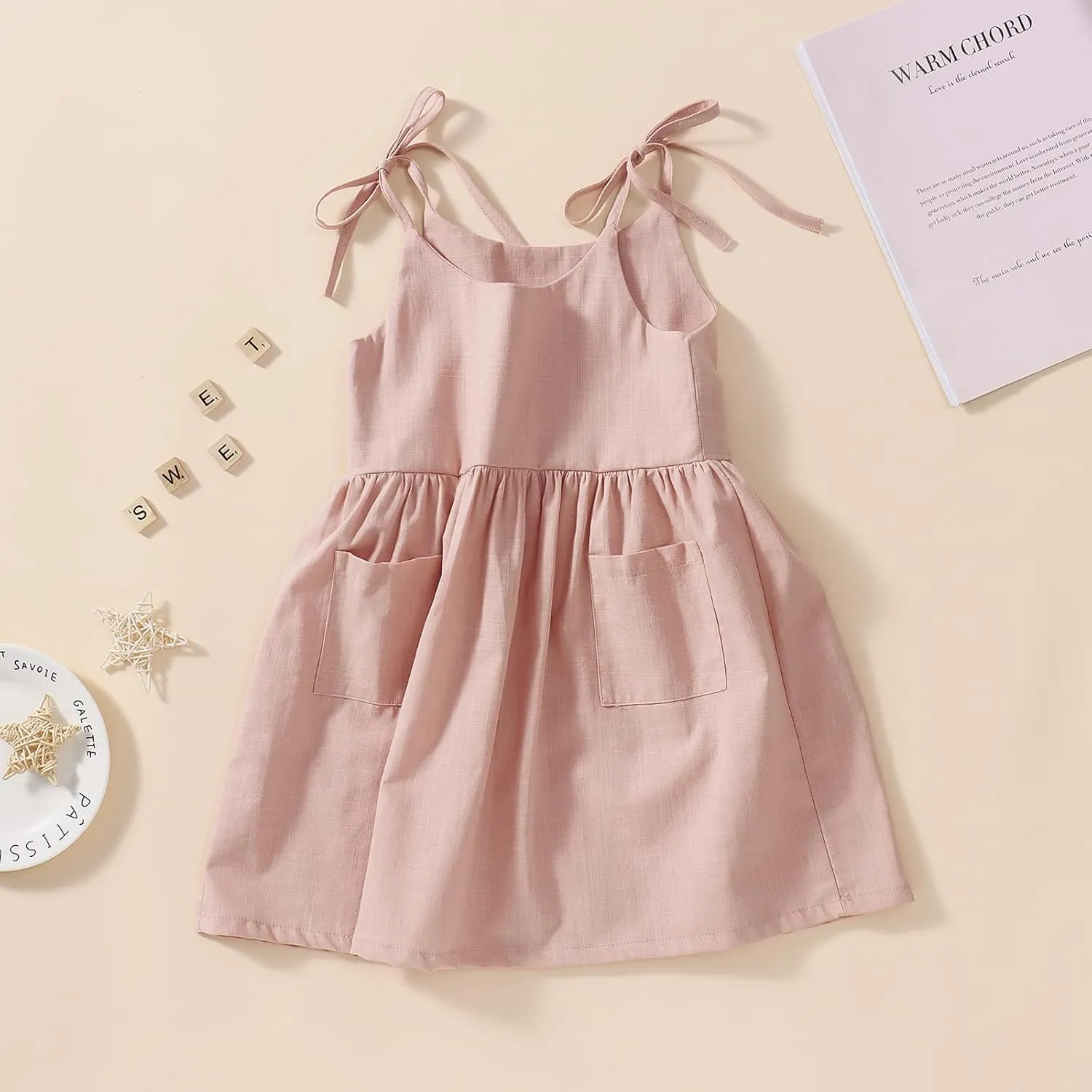 IZYJOY Toddler Baby Girl Summer Cotton Linen White Dresses Bow Straps Sleeveless with Pockets Little Girls Beach Sundress