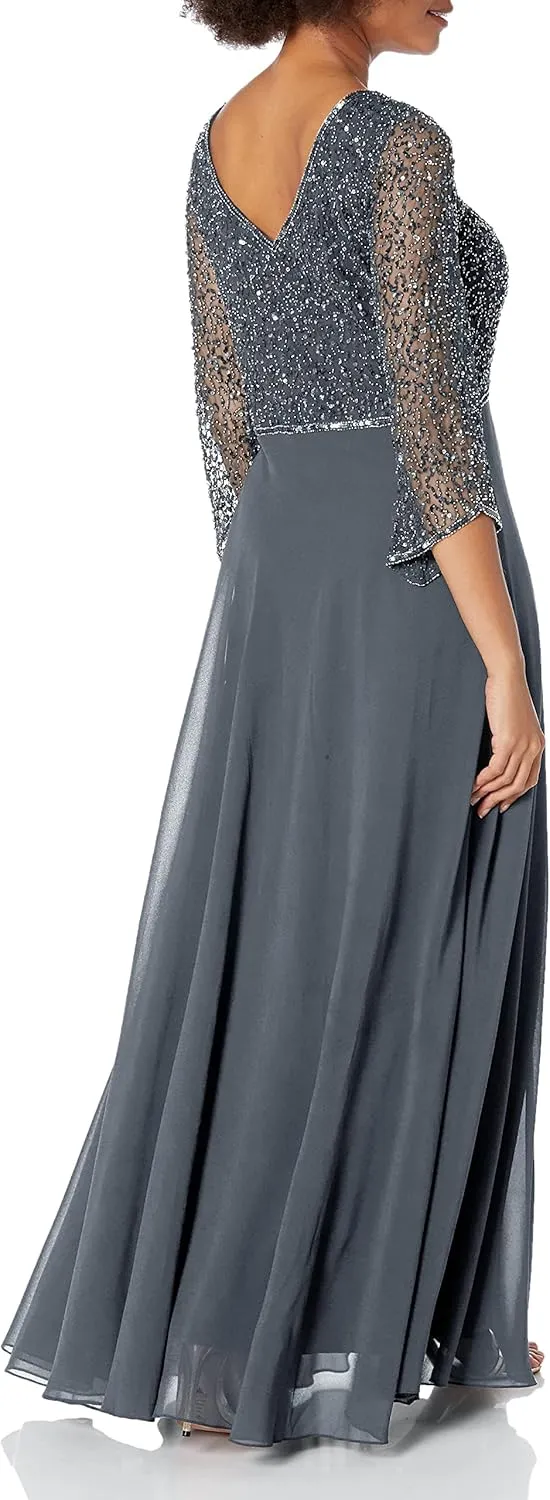 J Kara Women's Petite 3/4 Sleeve V-Neck Beaded Top Long Gown